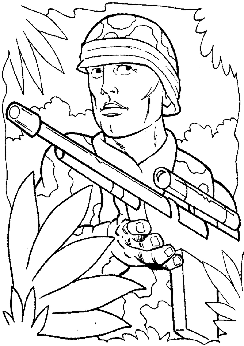kolorowanka żołnierz w hełmie z karabinem, malowanka do wydruku dla chłopców nr 29